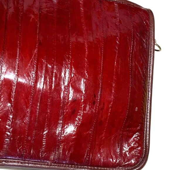 Eel Skin Handbag Rectangular Clutch Crossbody Dark Cherry w/Chain-link Strap - Picture 7 of 16